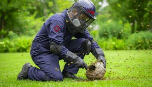 The worker is actively removing ground wasp nests, using hands or specialized tools to handle them safely, while fully protected with high-cover gear and netting